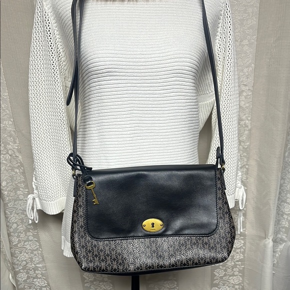 Fossil Handbags - Fossil Black & Logo Pattern Crossbody Bag Gold Hardware and Adjustable strap